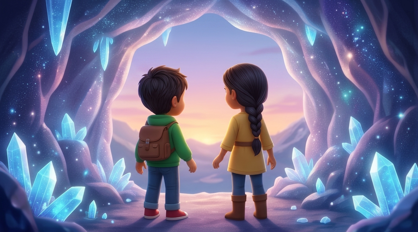 Two children stepping into a magical story world filled with glowing crystals and distant mountains
