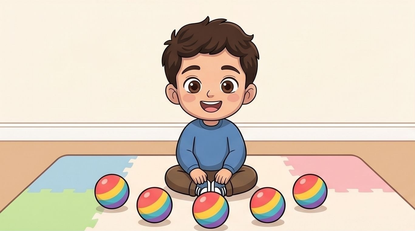 A happy child sitting on a colorful play mat with rainbow balls, learning through play