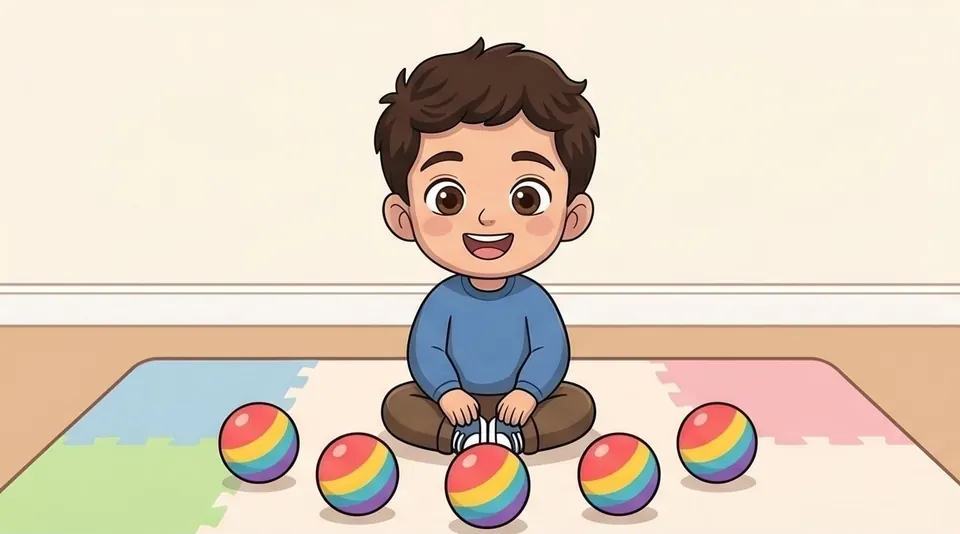 A happy child sitting on a colorful play mat with rainbow balls, learning through play