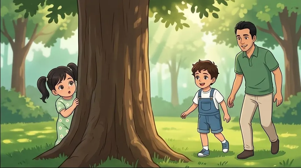 Your child, their father, and sister on a personalized forest adventure from today's trip