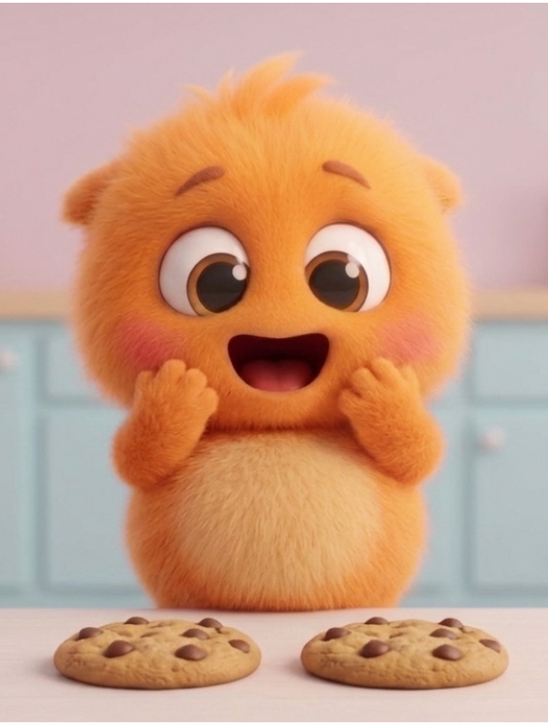 Biscuit the fluffy orange character excited to count two chocolate chip cookies